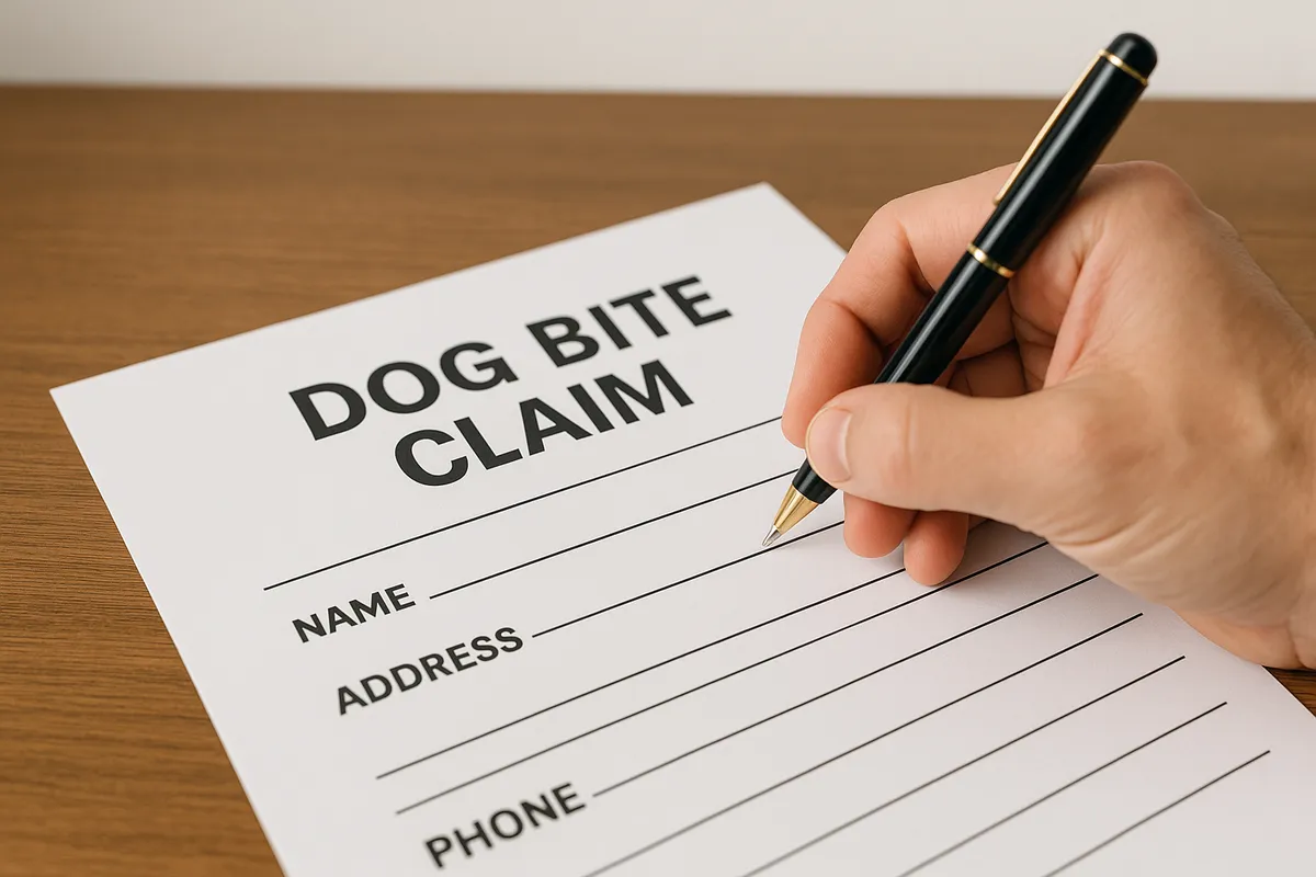 A hand fills out a legal document titled Dog Bite Claim on a wooden table, emphasizing the claim process.