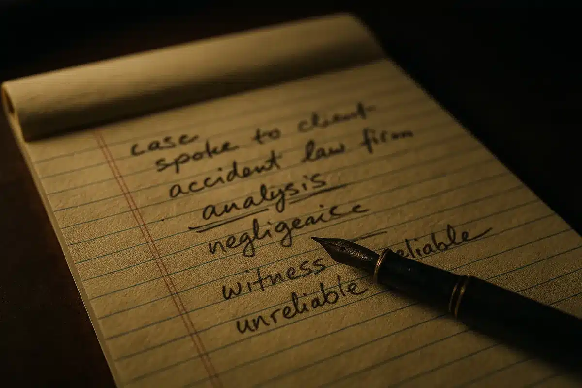Close-up of handwritten notes on a legal pad with a fountain pen, reflecting a lawyer's case analysis.